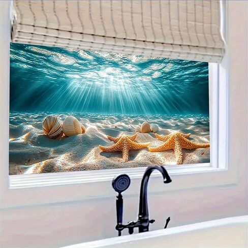 Stained Glass Window Film Underwater Sea Shell Starfish Decorative Window Cling Peel and Stick Static Cling Removable Decal for Home Decor in Saudi Arabia