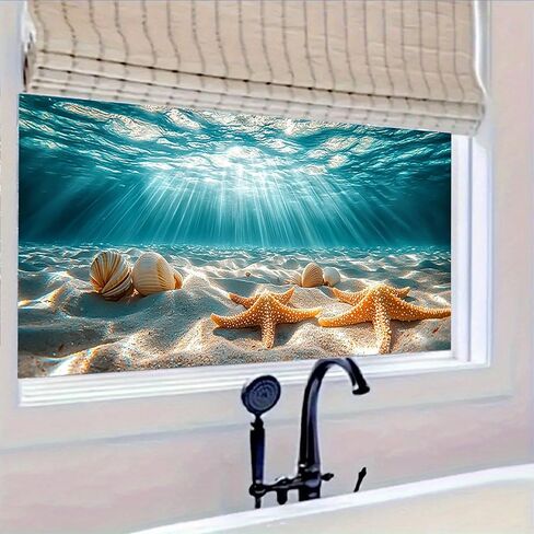 Stained Glass Window Film Underwater Sea Shell Starfish Decorative Window Cling Peel and Stick Static Cling Removable Decal for Home Decor in Saudi Arabia