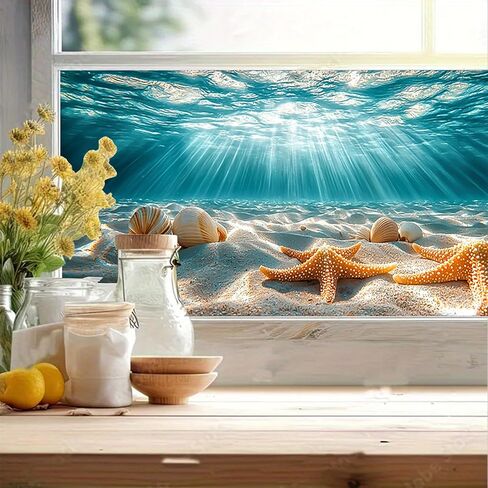 Stained Glass Window Film Underwater Sea Shell Starfish Decorative Window Cling Peel and Stick Static Cling Removable Decal for Home Decor in Saudi Arabia