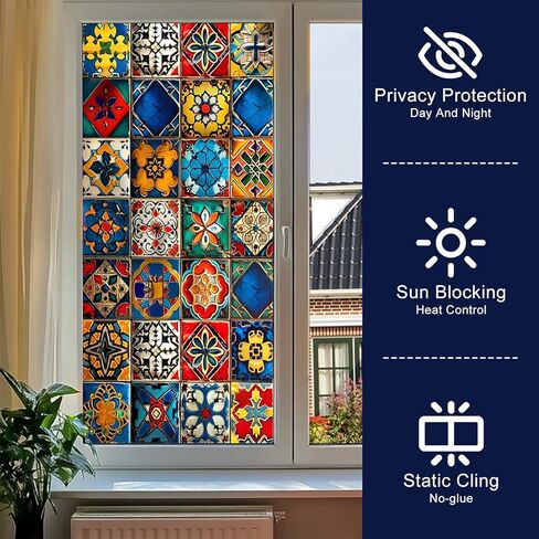 Stained Glass Window Film 17.7x39.3 inch Geometry Grid Floral Window Privacy Film Stained Decals Static Cling Sun Blocking Decor for Home Office Windows Door Glass Partitions in Saudi Arabia