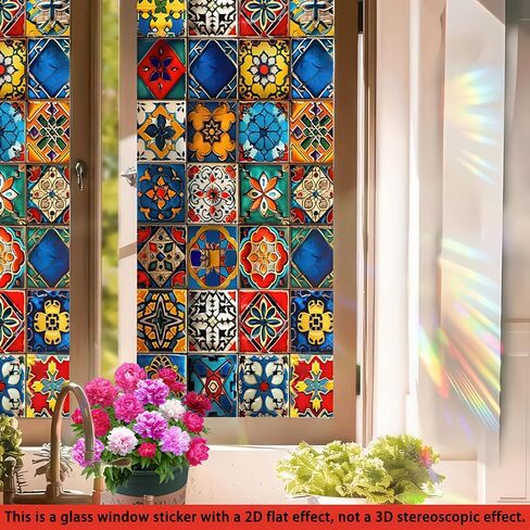 Stained Glass Window Film 17.7x39.3 inch Geometry Grid Floral Window Privacy Film Stained Decals Static Cling Sun Blocking Decor for Home Office Windows Door Glass Partitions in Saudi Arabia
