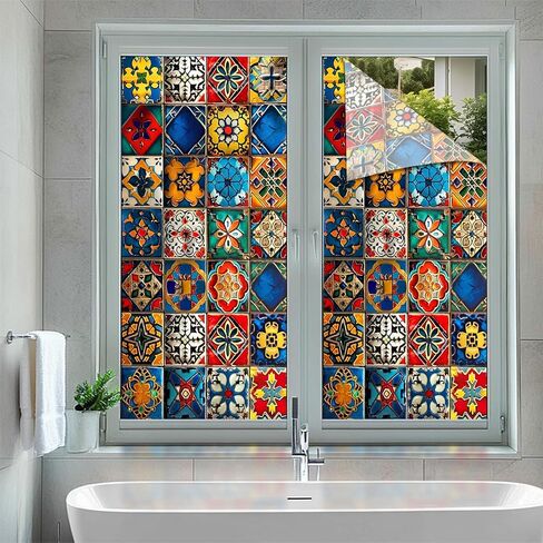 Stained Glass Window Film 17.7x39.3 inch Geometry Grid Floral Window Privacy Film Stained Decals Static Cling Sun Blocking Decor for Home Office Windows Door Glass Partitions in Saudi Arabia