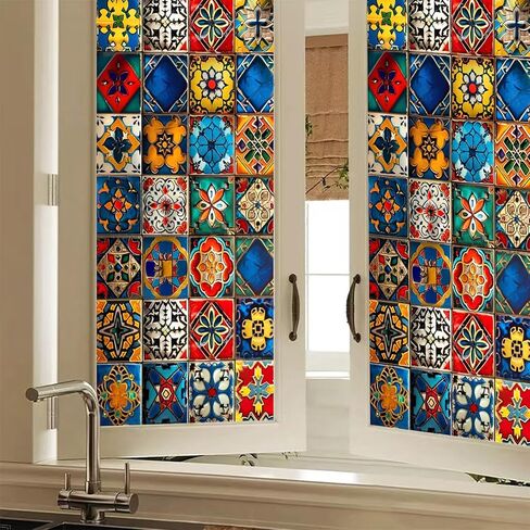 Stained Glass Window Film 17.7x39.3 inch Geometry Grid Floral Window Privacy Film Stained Decals Static Cling Sun Blocking Decor for Home Office Windows Door Glass Partitions in Saudi Arabia