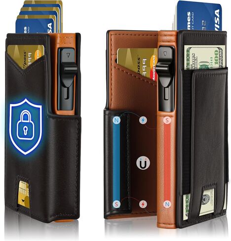 محفظة للرجال مع حامل بطاقات نحيف منبثق لـ 10-12 بطاقة، حامل بطاقات الائتمان RFID، محفظة ذكية ثنائية الطي مع نوافذ لبطاقة الهوية ومشبك نقود، هدايا للرجال في صندوق هدايا (قهوة + بني) in Kuwait