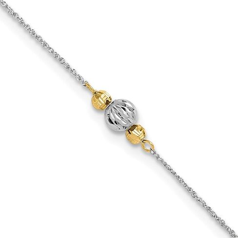Sonia Jewels Real 14K White Gold Rope Two-tone Diamond-Cut Bead 1in Ext Anklet 9" in Saudi Arabia