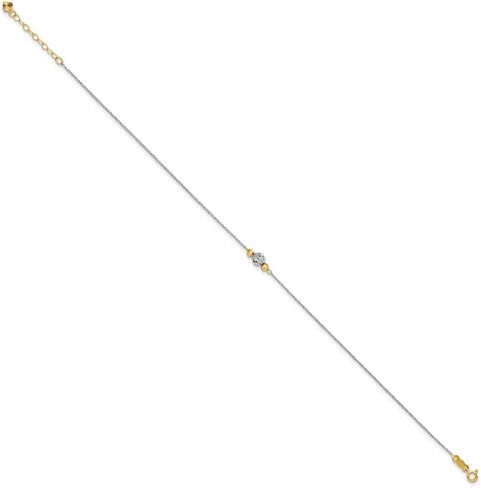 Sonia Jewels Real 14K White Gold Rope Two-tone Diamond-Cut Bead 1in Ext Anklet 9" in Saudi Arabia