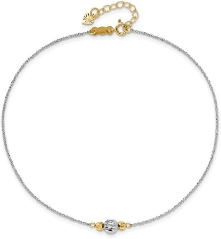 Sonia Jewels Real 14K White Gold Rope Two-tone Diamond-Cut Bead 1in Ext Anklet 9" in Saudi Arabia