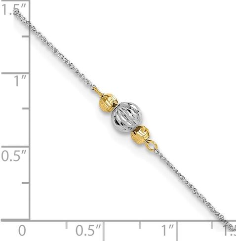 Sonia Jewels Real 14K White Gold Rope Two-tone Diamond-Cut Bead 1in Ext Anklet 9" in Saudi Arabia