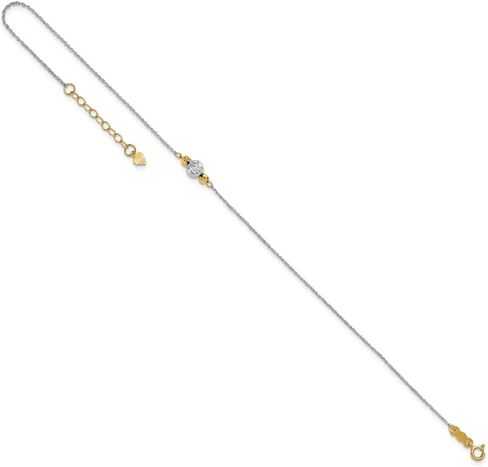 Sonia Jewels Real 14K White Gold Rope Two-tone Diamond-Cut Bead 1in Ext Anklet 9" in Saudi Arabia