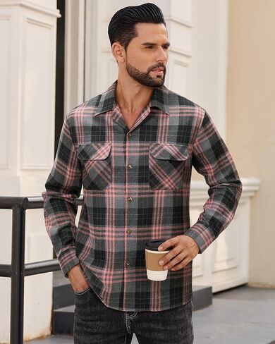 Alimens & Gentle Mens Flannel Shirts Long Sleeve Casual Plaid Button Down Shirt Jacket Work Daily Shackets with Pockets in Saudi Arabia