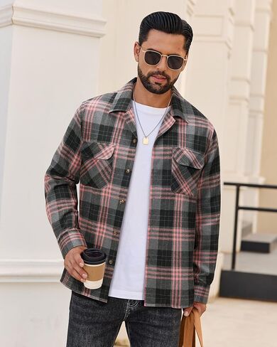 Alimens & Gentle Mens Flannel Shirts Long Sleeve Casual Plaid Button Down Shirt Jacket Work Daily Shackets with Pockets in Saudi Arabia