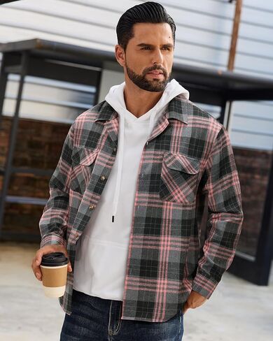 Alimens & Gentle Mens Flannel Shirts Long Sleeve Casual Plaid Button Down Shirt Jacket Work Daily Shackets with Pockets in Saudi Arabia