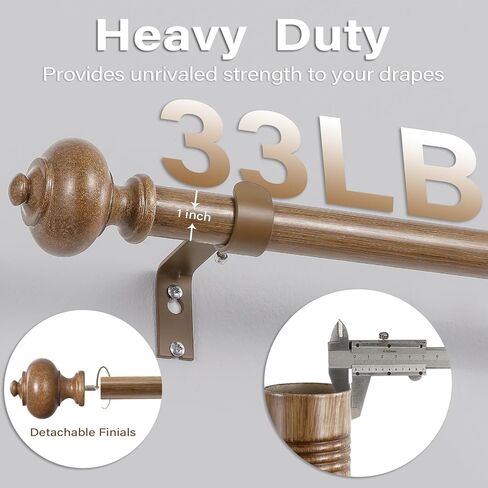 Wood Curtain Rods for Windows 32 to 88 Inch, 1 Inch Heavy Duty Curtain Rods with Imitation Wood Grain Finials, Adjustable Boho Drapery Rod for Bedroom, Kitchen in Saudi Arabia