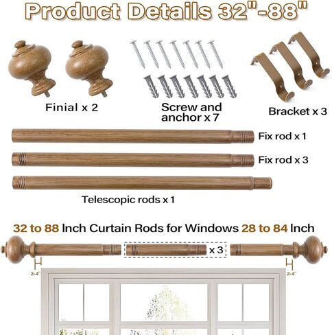 Wood Curtain Rods for Windows 32 to 88 Inch, 1 Inch Heavy Duty Curtain Rods with Imitation Wood Grain Finials, Adjustable Boho Drapery Rod for Bedroom, Kitchen in Saudi Arabia