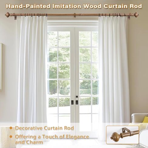 Wood Curtain Rods for Windows 32 to 88 Inch, 1 Inch Heavy Duty Curtain Rods with Imitation Wood Grain Finials, Adjustable Boho Drapery Rod for Bedroom, Kitchen in Saudi Arabia