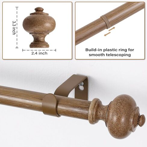 Wood Curtain Rods for Windows 32 to 88 Inch, 1 Inch Heavy Duty Curtain Rods with Imitation Wood Grain Finials, Adjustable Boho Drapery Rod for Bedroom, Kitchen in Saudi Arabia