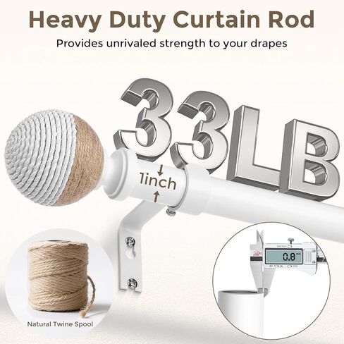 White Boho Curtain Rods for Windows, 1" Adjustable Decorative Heavy Duty Window Treatment Rods 48 to 84 inch with Pinecone Twine Finials, Rustic Farmhouse Drapery Pole for Bedroom in Kuwait