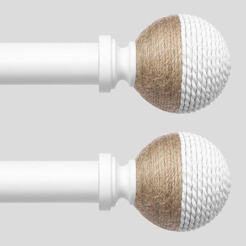 White Boho Curtain Rods for Windows, 1" Adjustable Decorative Heavy Duty Window Treatment Rods 48 to 84 inch with Pinecone Twine Finials, Rustic Farmhouse Drapery Pole for Bedroom in Kuwait