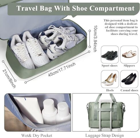 Travel Duffel Bag with Shoes Compartment, Overnight Weekender Bags for Women, Carry on Personal Item Bag with Wet Pocket for Travel, Gym, Weekend,Green in Saudi Arabia