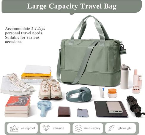 Travel Duffel Bag with Shoes Compartment, Overnight Weekender Bags for Women, Carry on Personal Item Bag with Wet Pocket for Travel, Gym, Weekend,Green in Saudi Arabia