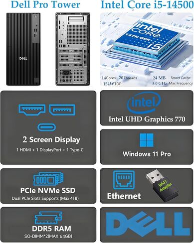 Dell OptiPlex 7010 Tower Computer, Intel i3-13100 4-Core (Beats i5-12400-T), 16GB RAM, 256GB NVMe SSD + 1TB HDD, USB-C, DisplayPort, HDMI, WiFi, Bluetooth, DVDRW, Windows 11 Pro, Black Desktop in Saudi Arabia