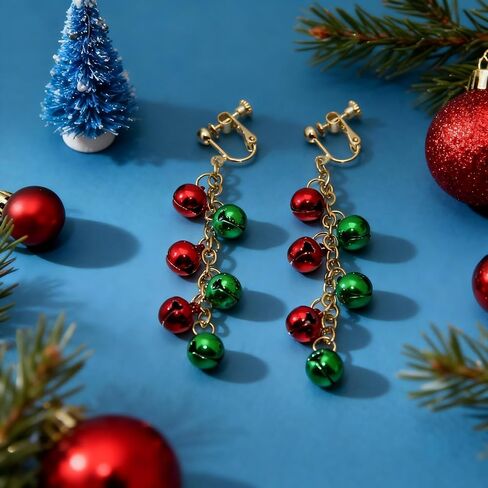 مشبك عيد الميلاد على الأقراط للنساء، برغي خلفي مضاد للحساسية للأذنين الحساسة، أحمر وأخضر فيونكة جلجل بيل ندفة الثلج لطيف أقراط متدلية مجوهرات in Kuwait