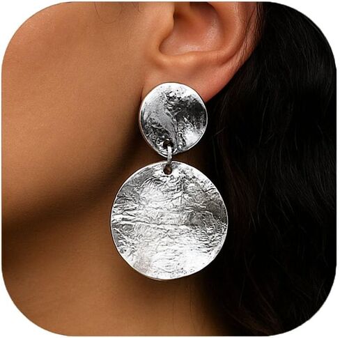 Round Geometry Clip On Earrings for Women, Matte Gold Silver Retro Disc Dangle Drop Clip Earrings Non Pierced Clips Stetement Jewelry Gifts in Kuwait