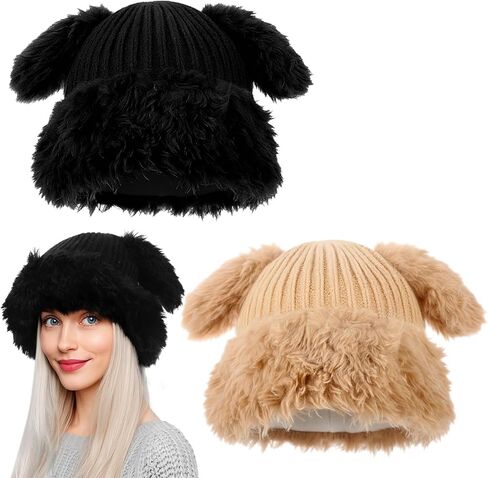 2 Pack Y2k Fuzzy Bunny Hat for Women Girls Cute Furry Beanie with Ears Rabbit Ears Hat for Festival Easter, Party Black, Beige in Saudi Arabia