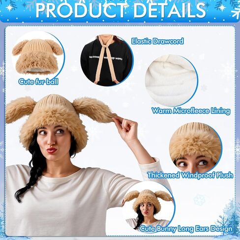 2 Pack Y2k Fuzzy Bunny Hat for Women Girls Cute Furry Beanie with Ears Rabbit Ears Hat for Festival Easter, Party Black, Beige in Saudi Arabia