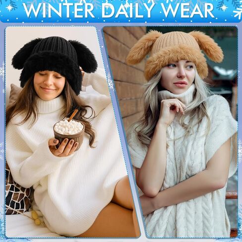 2 Pack Y2k Fuzzy Bunny Hat for Women Girls Cute Furry Beanie with Ears Rabbit Ears Hat for Festival Easter, Party Black, Beige in Saudi Arabia