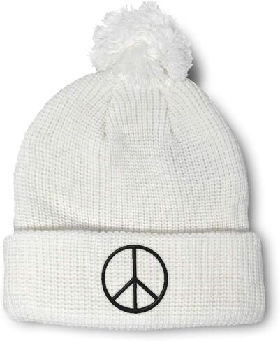 Custom Pom Pom Beanies for Women Thin Peace Sign Black Embroidery Skull Cap Winter Hats for Men 1 Size in Kuwait
