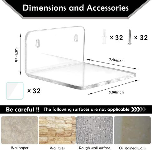 Acrylic Mini Floating Shelf, 16 Pack - Clear, Modern Wall Shelf for Office, Bedroom, Living Room - Mounted Storage for Pop Figures, Plants, Pictures in Saudi Arabia