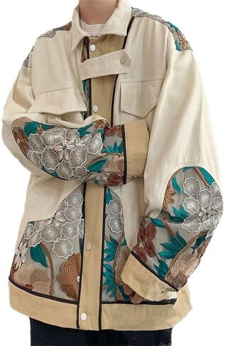 Mens Embroidery Loose Utility Jacket Casual Coat Oversize Button Down Tops in Saudi Arabia