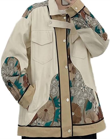 Mens Embroidery Loose Utility Jacket Casual Coat Oversize Button Down Tops in Saudi Arabia
