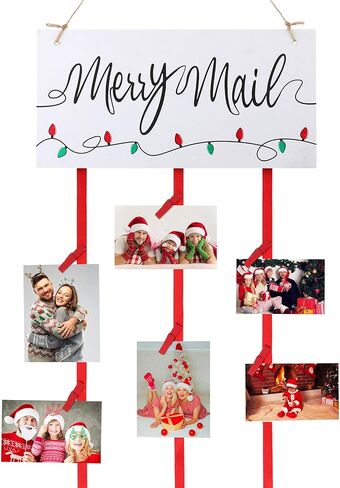Marsui Christmas Card Holder Merry Mail Christmas Wooden Hanging Picture Holder Wall Hanging Card Display with 20 Red Wooden Clips for Party Home Wall Door Decor in Saudi Arabia