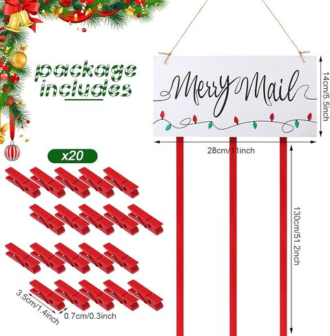 Marsui Christmas Card Holder Merry Mail Christmas Wooden Hanging Picture Holder Wall Hanging Card Display with 20 Red Wooden Clips for Party Home Wall Door Decor in Saudi Arabia