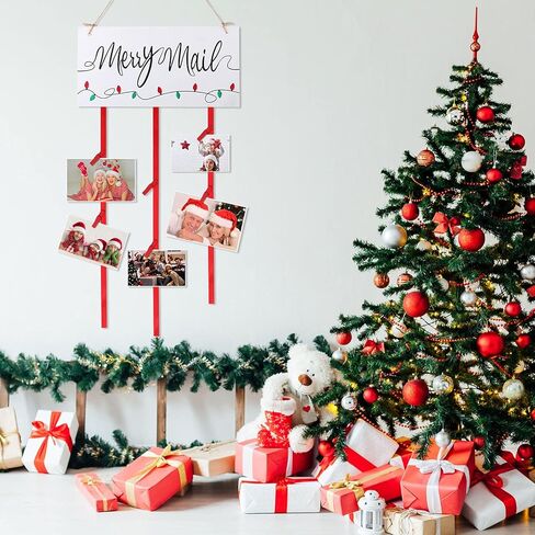 Marsui Christmas Card Holder Merry Mail Christmas Wooden Hanging Picture Holder Wall Hanging Card Display with 20 Red Wooden Clips for Party Home Wall Door Decor in Saudi Arabia