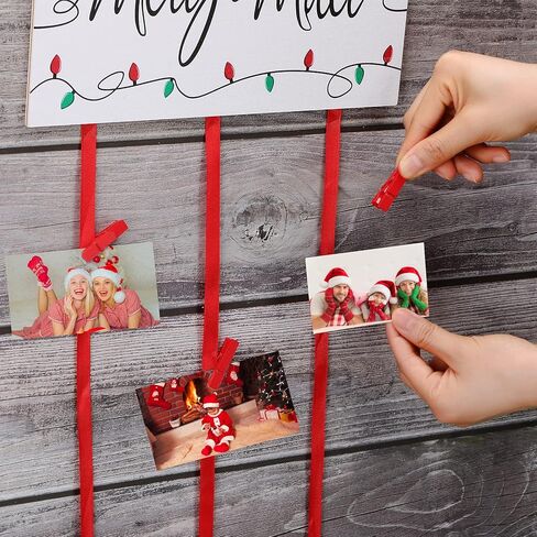Marsui Christmas Card Holder Merry Mail Christmas Wooden Hanging Picture Holder Wall Hanging Card Display with 20 Red Wooden Clips for Party Home Wall Door Decor in Saudi Arabia