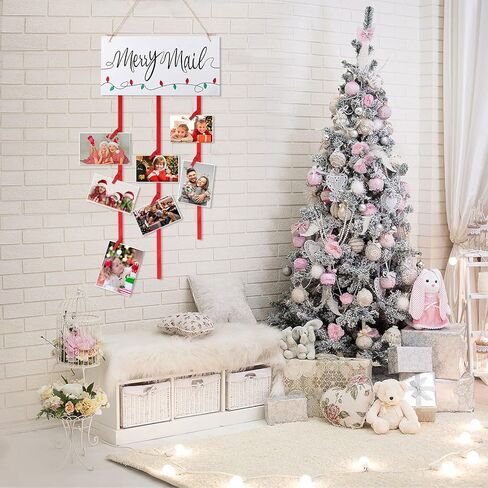 Marsui Christmas Card Holder Merry Mail Christmas Wooden Hanging Picture Holder Wall Hanging Card Display with 20 Red Wooden Clips for Party Home Wall Door Decor in Saudi Arabia