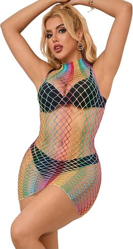 Plus Size Mini Dress Halter Bodystocking Fishnet One-Piece Halter Lingerie Sexy Bodycon Stretchy Clubwear in Saudi Arabia