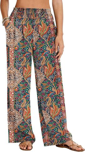 LOMON Palazzo Pants for Women Casual Wide Leg Flowy Pants Beach Vacation Clothes Elastic Waist Boho Trousers with Pockets in Saudi Arabia