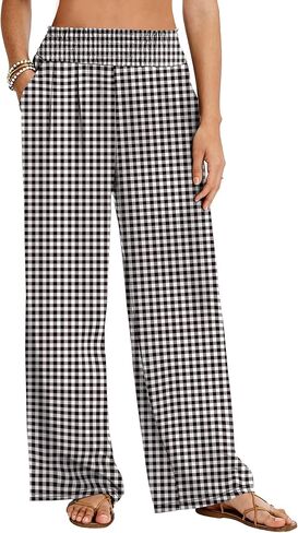 LOMON Palazzo Pants for Women Casual Wide Leg Flowy Pants Beach Vacation Clothes Elastic Waist Boho Trousers with Pockets in Saudi Arabia