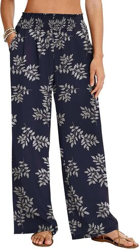 LOMON Palazzo Pants for Women Casual Wide Leg Flowy Pants Beach Vacation Clothes Elastic Waist Boho Trousers with Pockets in Saudi Arabia