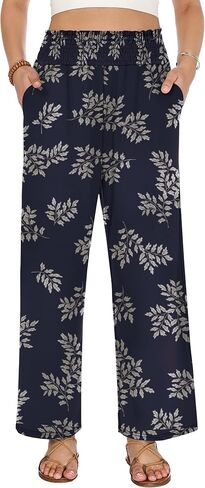 LOMON Palazzo Pants for Women Casual Wide Leg Flowy Pants Beach Vacation Clothes Elastic Waist Boho Trousers with Pockets in Saudi Arabia