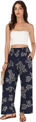 LOMON Palazzo Pants for Women Casual Wide Leg Flowy Pants Beach Vacation Clothes Elastic Waist Boho Trousers with Pockets in Saudi Arabia