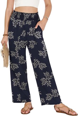 LOMON Palazzo Pants for Women Casual Wide Leg Flowy Pants Beach Vacation Clothes Elastic Waist Boho Trousers with Pockets in Saudi Arabia