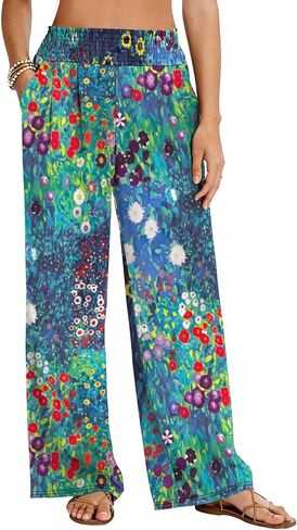 LOMON Palazzo Pants for Women Casual Wide Leg Flowy Pants Beach Vacation Clothes Elastic Waist Boho Trousers with Pockets in Saudi Arabia