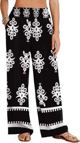 LOMON Palazzo Pants for Women Casual Wide Leg Flowy Pants Beach Vacation Clothes Elastic Waist Boho Trousers with Pockets in Saudi Arabia