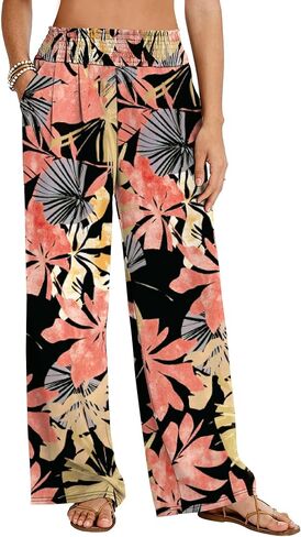 LOMON Palazzo Pants for Women Casual Wide Leg Flowy Pants Beach Vacation Clothes Elastic Waist Boho Trousers with Pockets in Saudi Arabia