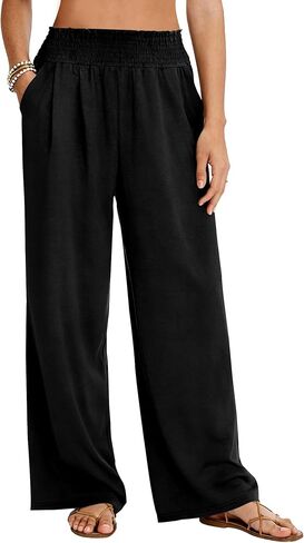 LOMON Palazzo Pants for Women Casual Wide Leg Flowy Pants Beach Vacation Clothes Elastic Waist Boho Trousers with Pockets in Saudi Arabia